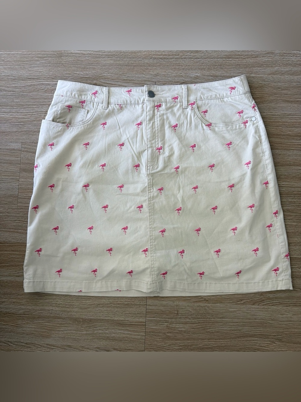 Khaki Mini Skirt with Pink Flamingo Embroidery